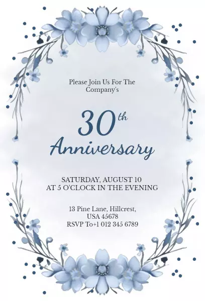 Blue Watercolor Flower 30th Anniversary Invitation