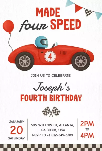 Boys Racing Car Birthday Party Invitation