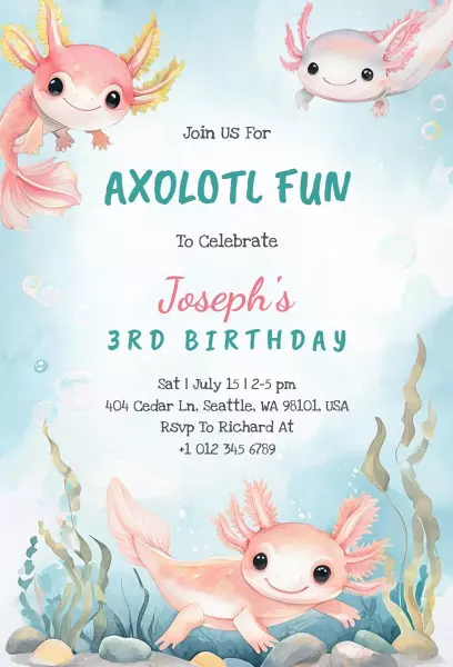 Cute Axolotl Birthday Invitation
