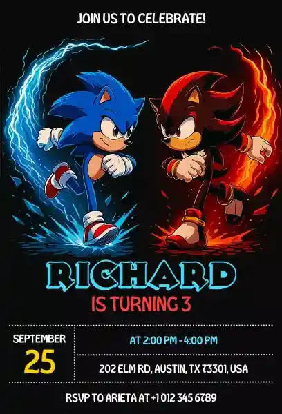 Sonic & Shadow 3rd Birthday Invitation