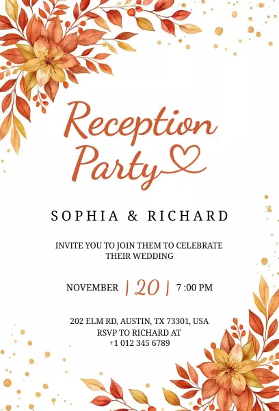 Fall Floral Wedding Reception Invitation