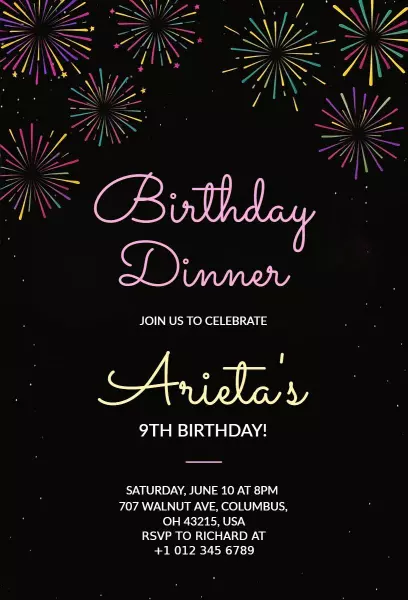 Fireworks Birthday Dinner Invitation