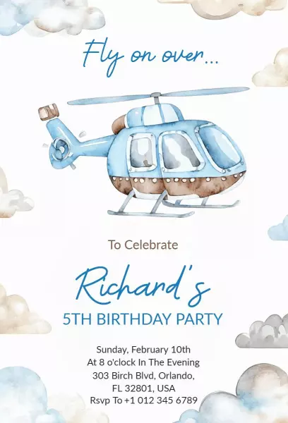 Helicopter Theme Birthday Party Invitation