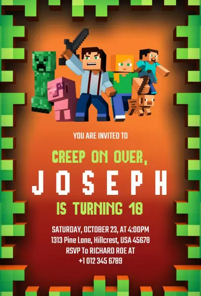 Minecraft Theme 10th Birthday Invitation