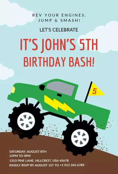 Monster Truck Theme Birthday Invitation