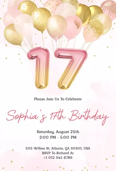 Pink & Gold Balloon Sweet Seventeen Birthday Invitation