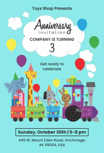 Plain Celeste Train Theme Anniversary Invitation