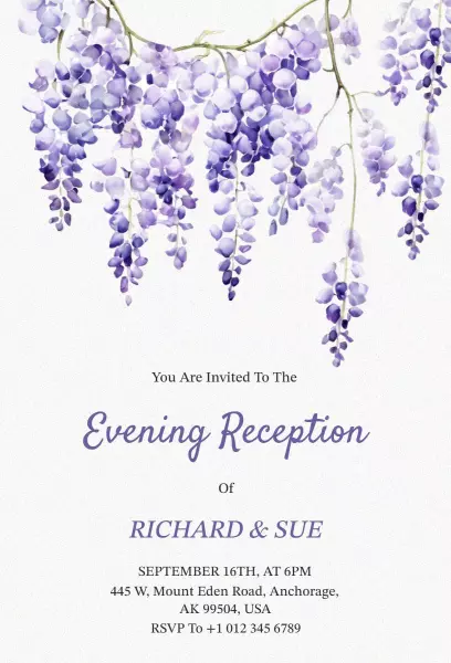 Purple Wisteria Bunch Evening Wedding Reception Invitation