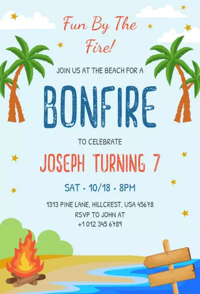 Tropical Beach Bonfire Birthday Invitation
