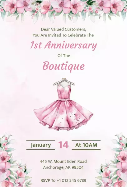 Pink Flower Boutique 1st Anniversary Invitation