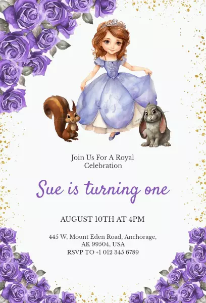 Purple Roses Golden Glitter Princess Birthday Invitation